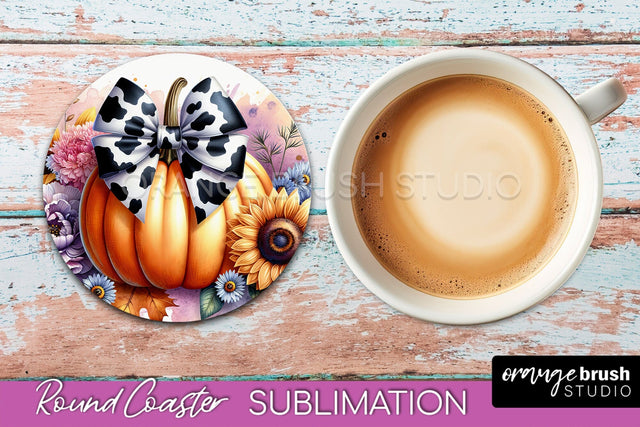 Coquette Fall Pumpkin Round Coaster Sublimation Design Sublimation OrangeBrushStudio 