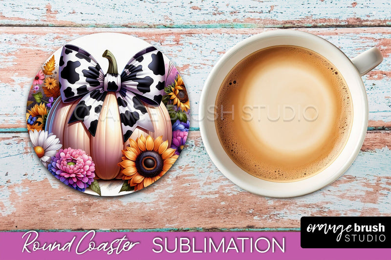 Coquette Fall Pumpkin Round Coaster Sublimation Design Sublimation OrangeBrushStudio 