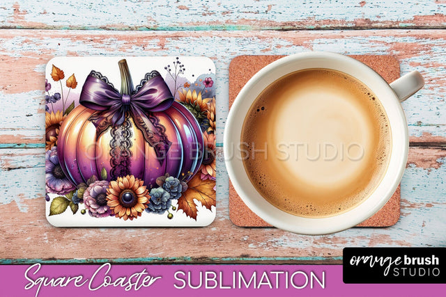 Coquette Fall Pumpkin Square Coaster Sublimation Design Sublimation OrangeBrushStudio 