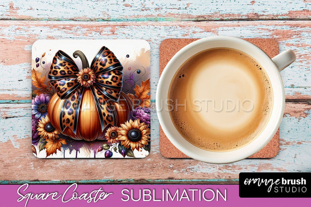 Coquette Fall Pumpkin Square Coaster Sublimation Design Sublimation OrangeBrushStudio 