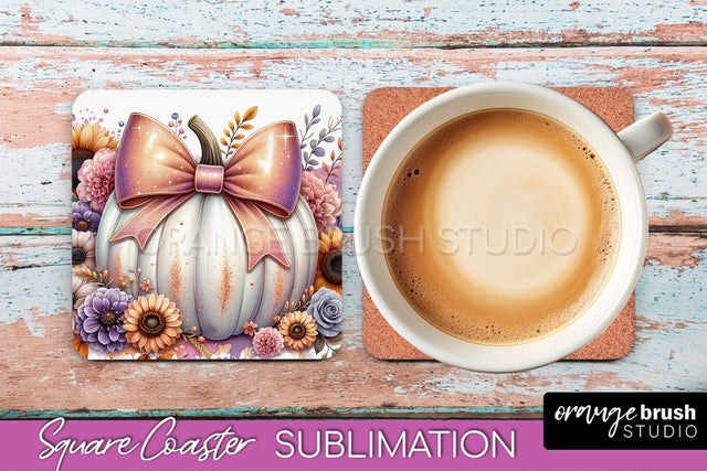 Coquette Fall Pumpkin Square Coaster Sublimation Design Sublimation OrangeBrushStudio 