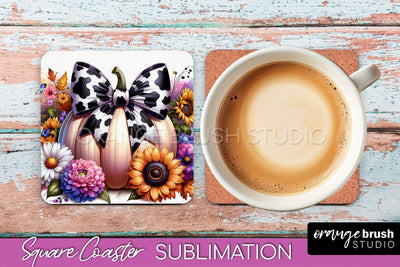 Coquette Fall Pumpkin Square Coaster Sublimation Design Sublimation OrangeBrushStudio 