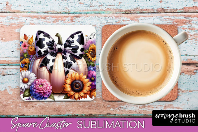 Coquette Fall Pumpkin Square Coaster Sublimation Design Sublimation OrangeBrushStudio 