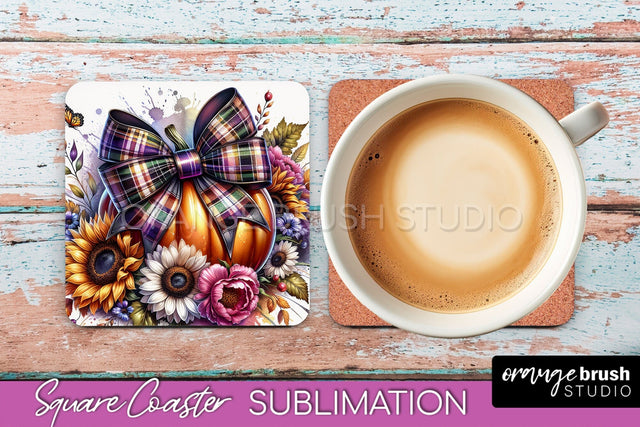 Coquette Fall Pumpkin Square Coaster Sublimation Design Sublimation OrangeBrushStudio 