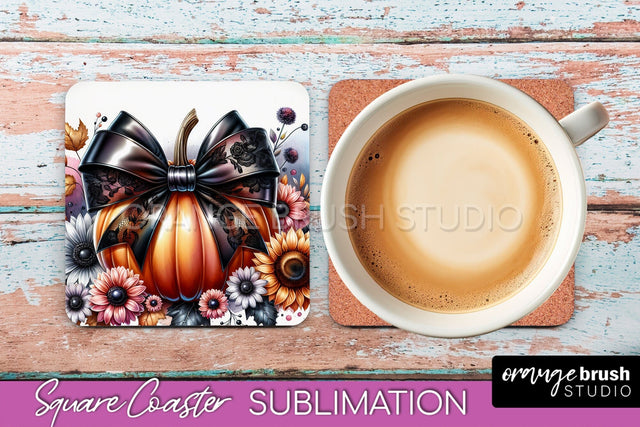 Coquette Fall Pumpkin Square Coaster Sublimation Design Sublimation OrangeBrushStudio 