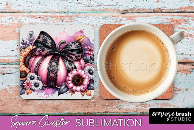 Coquette Fall Pumpkin Square Coaster Sublimation Design Sublimation OrangeBrushStudio 