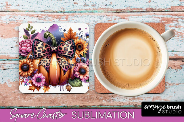 Coquette Fall Pumpkin Square Coaster Sublimation Design Sublimation OrangeBrushStudio 