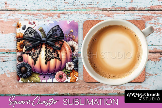 Coquette Fall Pumpkin Square Coaster Sublimation Design Sublimation OrangeBrushStudio 