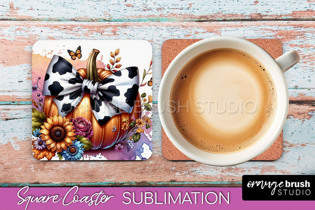 Coquette Fall Pumpkin Square Coaster Sublimation Design Sublimation OrangeBrushStudio 