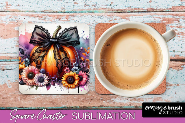 Coquette Fall Pumpkin Square Coaster Sublimation Design Sublimation OrangeBrushStudio 