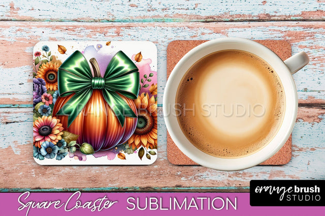 Coquette Fall Pumpkin Square Coaster Sublimation Design Sublimation OrangeBrushStudio 