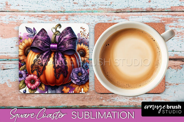 Coquette Fall Pumpkin Square Coaster Sublimation Design Sublimation OrangeBrushStudio 