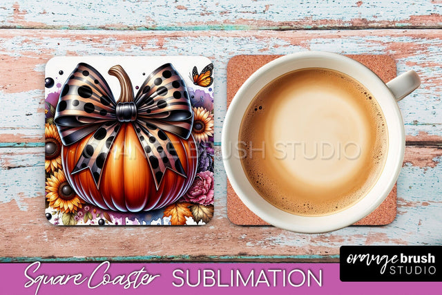 Coquette Fall Pumpkin Square Coaster Sublimation Design Sublimation OrangeBrushStudio 