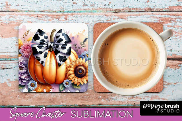 Coquette Fall Pumpkin Square Coaster Sublimation Design Sublimation OrangeBrushStudio 