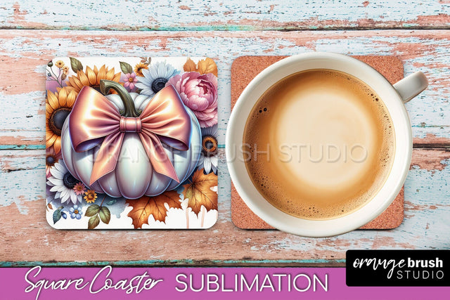 Coquette Fall Pumpkin Square Coaster Sublimation Design Sublimation OrangeBrushStudio 