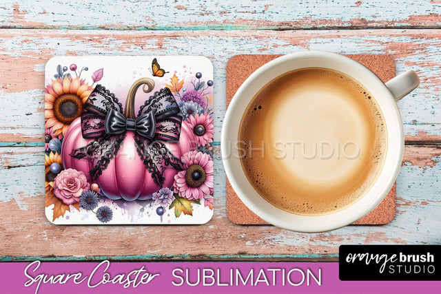 Coquette Fall Pumpkin Square Coaster Sublimation Design Sublimation OrangeBrushStudio 
