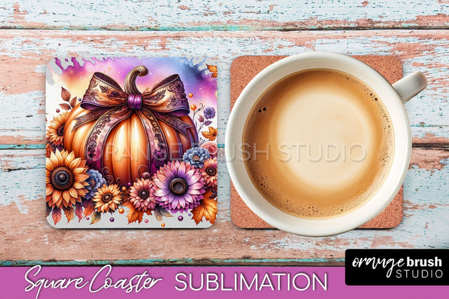 Coquette Fall Pumpkin Square Coaster Sublimation Design Sublimation OrangeBrushStudio 