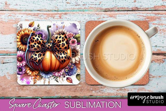 Coquette Fall Pumpkin Square Coaster Sublimation Design Sublimation OrangeBrushStudio 