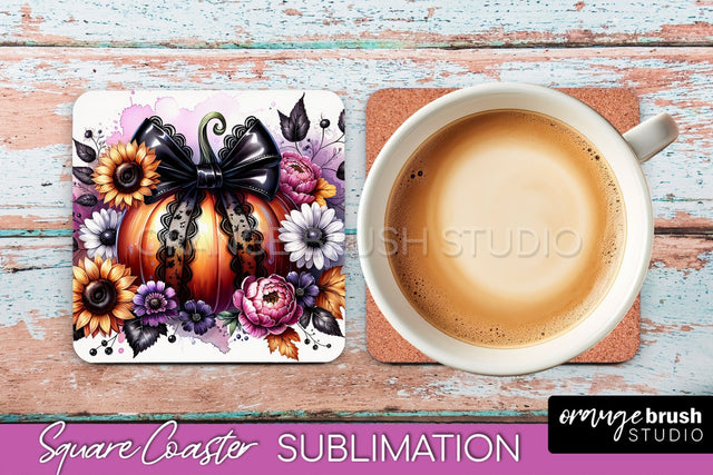 Coquette Fall Pumpkin Square Coaster Sublimation Design Sublimation OrangeBrushStudio 