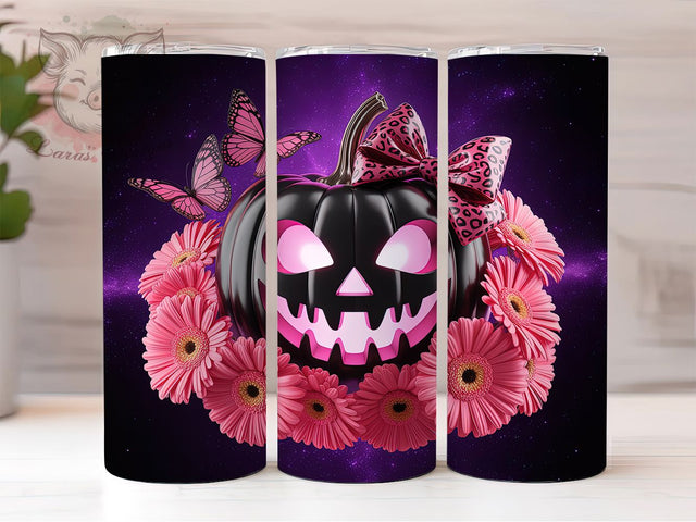 Coquette Floral Pumpkin Halloween Tumbler, Floral Pumpkin Mug, Pink Black Pumpkin Art, 20Oz Tumbler Wrap, Sublimation Design, Spooky Chic Drinkware, Elegant Halloween Print Sublimation Lara' s Designs 