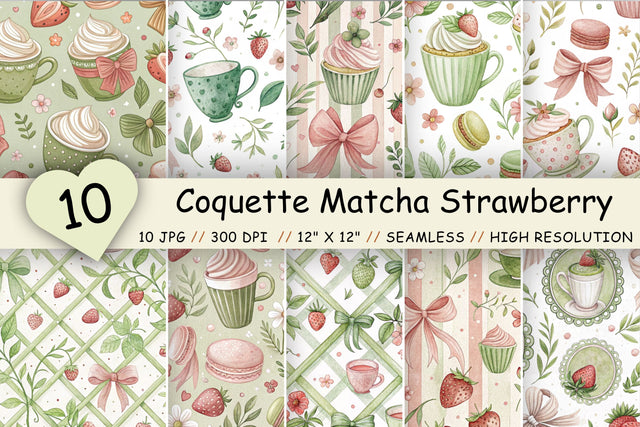 Coquette Matcha Strawberry Digital Paper, Seamless Kawaii Pattern Bundle, Printable Scrapbook Paper, Pastel Green Pink Design Collection Digital Pattern FloridPrintables 