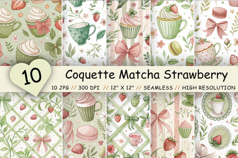 Coquette Matcha Strawberry Digital Paper, Seamless Kawaii Pattern Bundle, Printable Scrapbook Paper, Pastel Green Pink Design Collection Digital Pattern FloridPrintables 