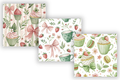 Coquette Matcha Strawberry Digital Paper, Seamless Kawaii Pattern Bundle, Printable Scrapbook Paper, Pastel Green Pink Design Collection Digital Pattern FloridPrintables 