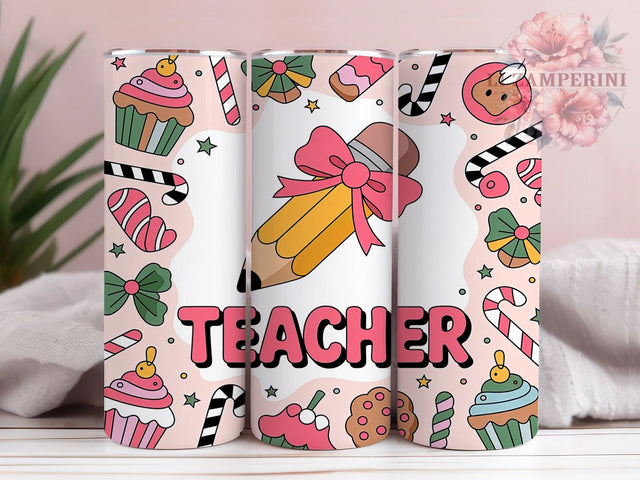 Coquette Merry Teacher Tumbler, Merry Teacher Wrap, Festive Holiday Sublimation Design, Cute Teacher Cup, 20Oz Skinny Tumbler Wrap, Coquette Christmas Mug, Stylish Holiday Teacher Design Sublimation Li Zamperini 