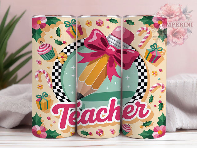 Coquette Merry Teacher Tumbler, Merry Teacher Wrap, Festive Holiday Sublimation Design, Cute Teacher Cup, 20Oz Skinny Tumbler Wrap, Coquette Christmas Mug, Stylish Holiday Teacher Design Sublimation Li Zamperini 
