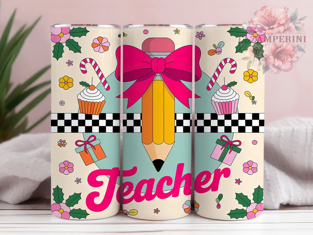 Coquette Merry Teacher Tumbler, Merry Teacher Wrap, Festive Holiday Sublimation Design, Cute Teacher Cup, 20Oz Skinny Tumbler Wrap, Coquette Christmas Mug, Stylish Holiday Teacher Design Sublimation Li Zamperini 