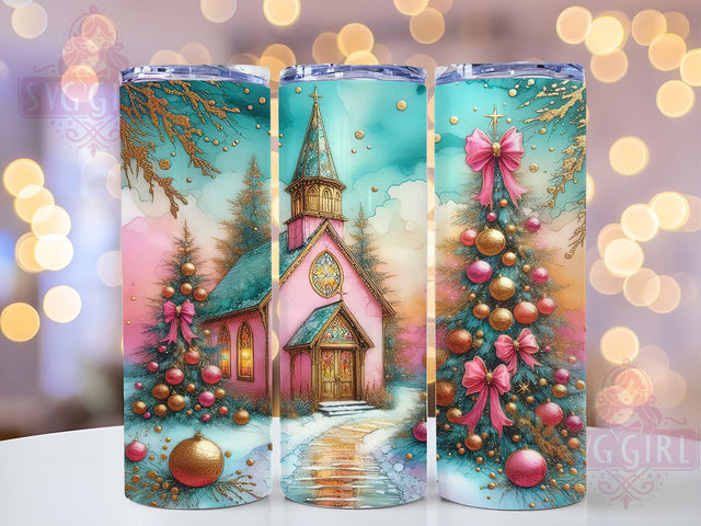 Coquette Pink Christmas Church Tumbler, Coquette Holiday Design, Elegant Festive Art, Romantic Christmas Graphic, Chic Holiday Pattern, 20oz Tumbler, Sublimation Design Sublimation SvggirlplusArt 