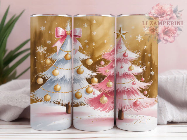 Coquette Pink Christmas Tumbler, Pink and Gold Tree Wrap, Glitter Holiday Sublimation Design, Festive Bow Cup, 20Oz Skinny Tumbler Wrap, Winter Snowflake Mug, Elegant Xmas Design Sublimation Li Zamperini 