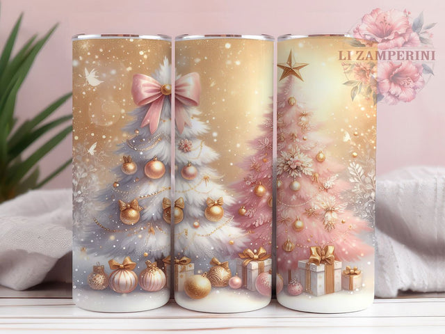 Coquette Pink Christmas Tumbler, Pink and Gold Tree Wrap, Glitter Holiday Sublimation Design, Festive Bow Cup, 20Oz Skinny Tumbler Wrap, Winter Snowflake Mug, Elegant Xmas Design Sublimation Li Zamperini 