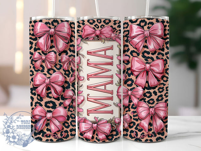 Coquette Pink Glitter Mama Tumbler, Pink Glitter Tumbler, Leopard Print Tumbler, Mama Tumbler Wrap, Bow Tumbler Design, 20oz Skinny Tumbler Wrap, Animal Print Sublimation Sublimation ToriDesigns 