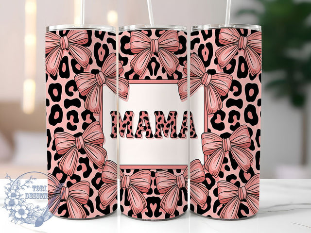 Coquette Pink Glitter Mama Tumbler, Pink Glitter Tumbler, Leopard Print Tumbler, Mama Tumbler Wrap, Bow Tumbler Design, 20oz Skinny Tumbler Wrap, Animal Print Sublimation Sublimation ToriDesigns 