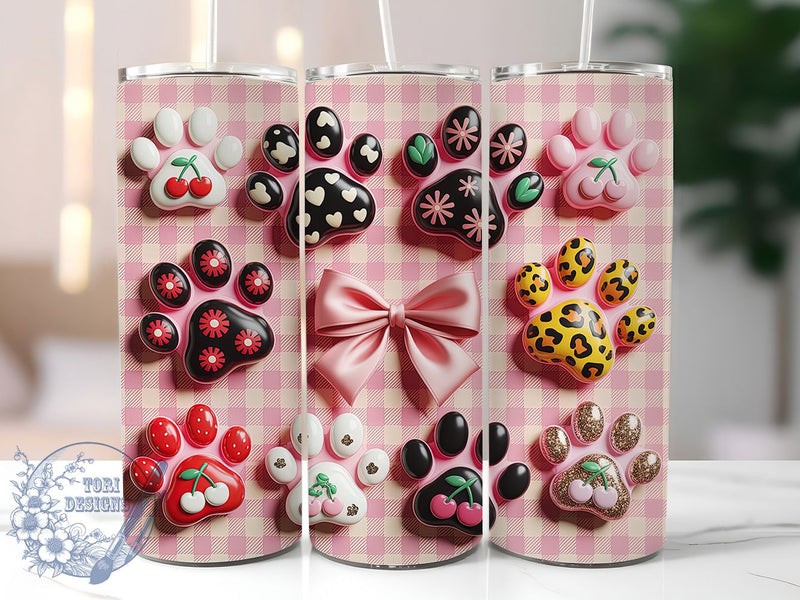 Coquette Pink Paw Tumbler, Pink Paw Print, Cute Design, Pet Lover, Playful Art, 20Oz Tumbler, Sublimation Wrap Sublimation ToriDesigns 