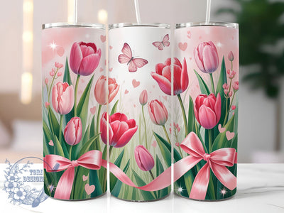 Coquette Pink Tulip Tumbler, Coquette Bow Tumbler, Seamless Floral Wrap, Elegant Tulip Wrap, Girly Bow Wrap, Sublimation Design, Trendy Gift Idea Sublimation ToriDesigns 