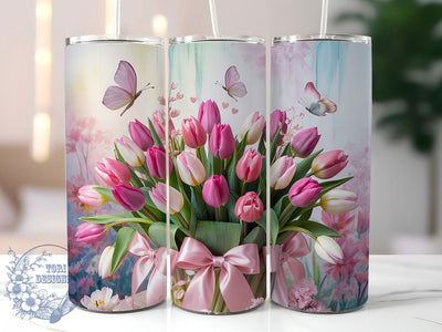 Coquette Pink Tulip Tumbler, Coquette Bow Tumbler, Seamless Floral Wrap, Elegant Tulip Wrap, Girly Bow Wrap, Sublimation Design, Trendy Gift Idea Sublimation ToriDesigns 