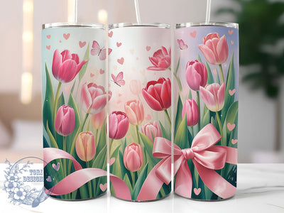 Coquette Pink Tulip Tumbler, Coquette Bow Tumbler, Seamless Floral Wrap, Elegant Tulip Wrap, Girly Bow Wrap, Sublimation Design, Trendy Gift Idea Sublimation ToriDesigns 