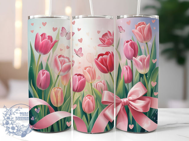 Coquette Pink Tulip Tumbler, Coquette Bow Tumbler, Seamless Floral Wrap, Elegant Tulip Wrap, Girly Bow Wrap, Sublimation Design, Trendy Gift Idea Sublimation ToriDesigns 