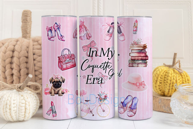 Coquette Style Tumbler Wrap, Pink Bow Aesthetic Girly 20 oz Skinny Tumbler PNG, Preppy Ribbon Feminine Design File, In My Coquette Girl Era - Sublimation BouDesign 