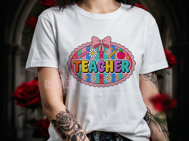 Coquette Teacher Pink T-Shirt PNG, Pink Border, Teacher Shirt, Feminine Style, Sublimation PNG, Classroom Fashion, Cute Teacher Sublimation SvggirlplusArt 