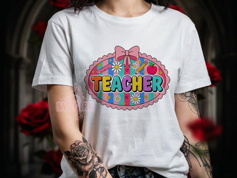 Coquette Teacher Pink T-Shirt PNG, Pink Border, Teacher Shirt, Feminine Style, Sublimation PNG, Classroom Fashion, Cute Teacher Sublimation SvggirlplusArt 