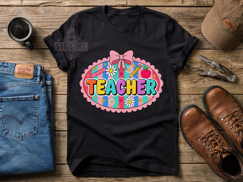 Coquette Teacher Pink T-Shirt PNG, Pink Border, Teacher Shirt, Feminine Style, Sublimation PNG, Classroom Fashion, Cute Teacher Sublimation SvggirlplusArt 