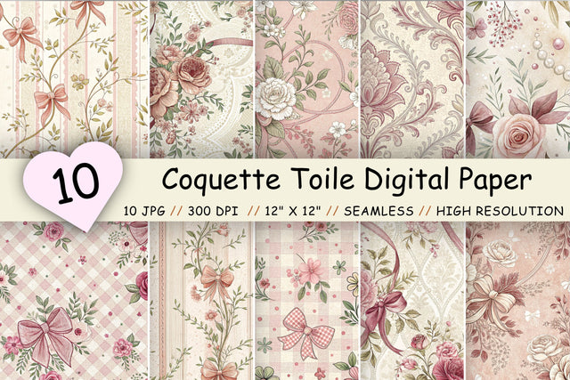Coquette Toile Digital Paper Pack, Vintage Floral Toile, Gingham & Stripe Seamless Patterns, Wedding, Scrapbooking & Printable Crafts Digital Pattern FloridPrintables 