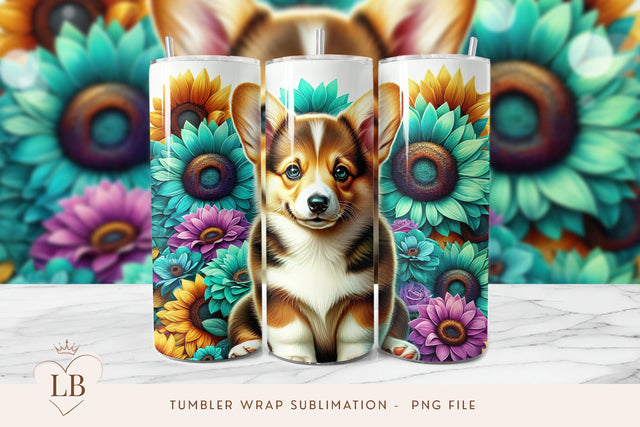 Corgi and Sunflowers Tumbler Wrap Sublimation PNG Sublimation BijouBay 