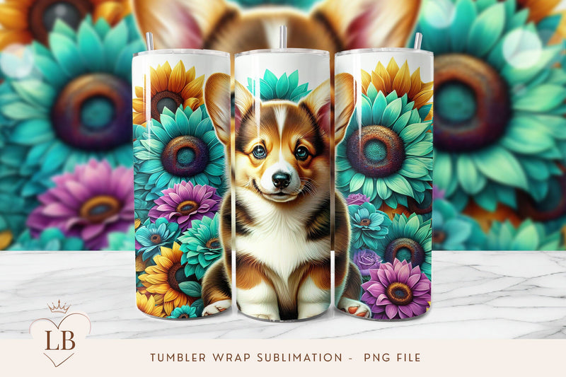 Corgi and Sunflowers Tumbler Wrap Sublimation PNG Sublimation BijouBay 