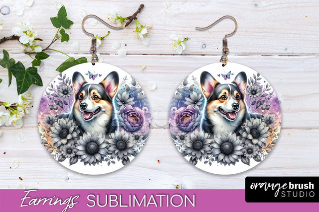 Corgi Earrings - Dog Mom Floral Round Earring Sublimation Sublimation OrangeBrushStudio 