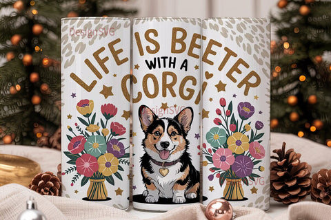 Corgi Floral Glitter 20oz Tumbler Wrap Sublimation DesignSVG 