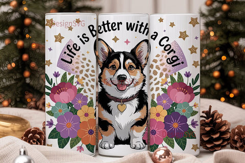 Corgi Floral Glitter 20oz Tumbler Wrap Sublimation DesignSVG 